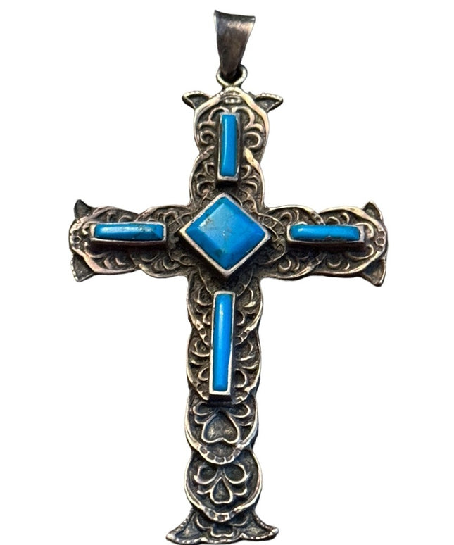 Antiqued vintage Sterling silver turquoise Gothic cross 925 pendant