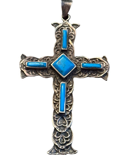 Antiqued vintage Sterling silver turquoise Gothic cross 925 pendant