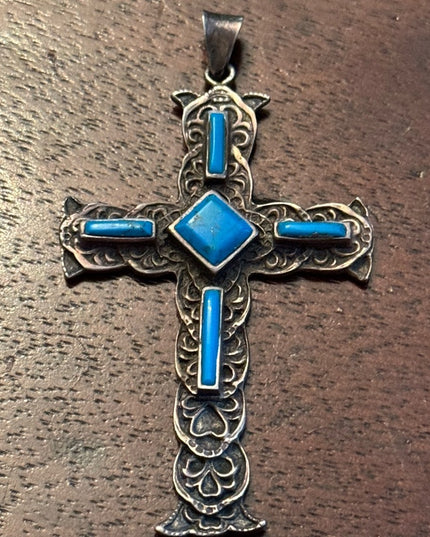 Antiqued vintage Sterling silver turquoise Gothic cross 925 pendant