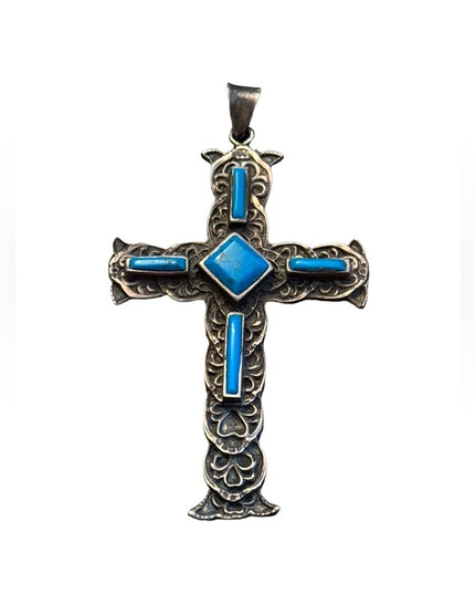 Antiqued vintage Sterling silver turquoise Gothic cross 925 pendant