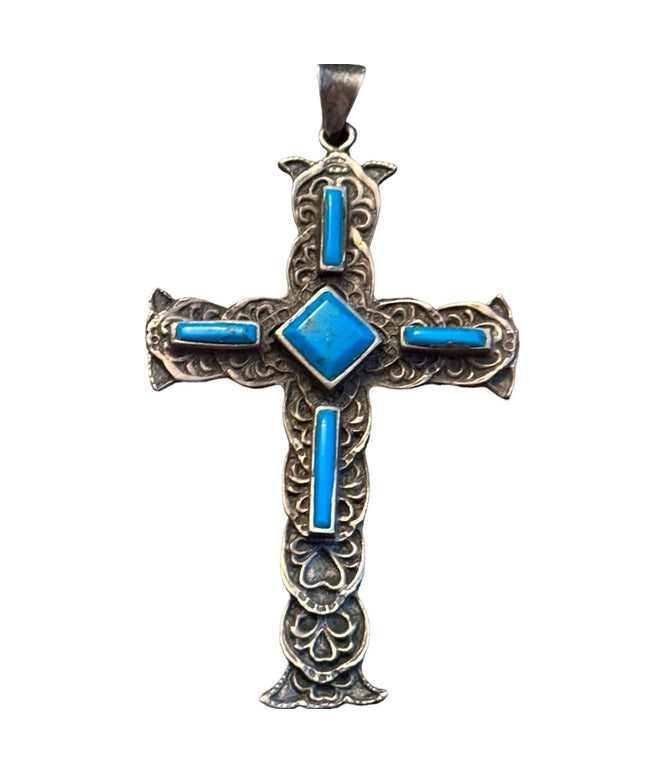 Antiqued vintage Sterling silver turquoise Gothic cross 925 pendant