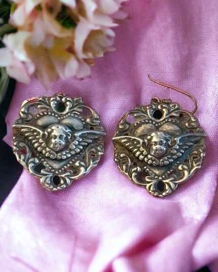 Art Nouveau Deco Antiqued Sterling silver raphaels angel heart earrings 925
