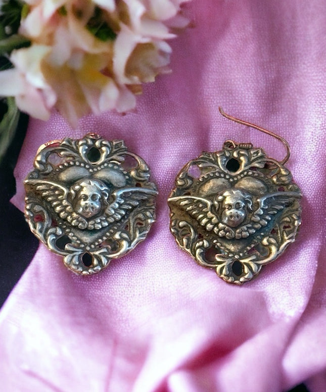 Art Nouveau Deco Antiqued Sterling silver raphaels angel heart earrings 925
