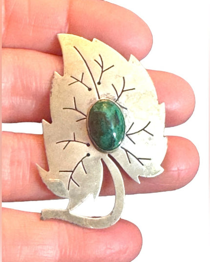 Vintage Sterling silver 925 Israel EIlat Stone Leaf pendant brooch