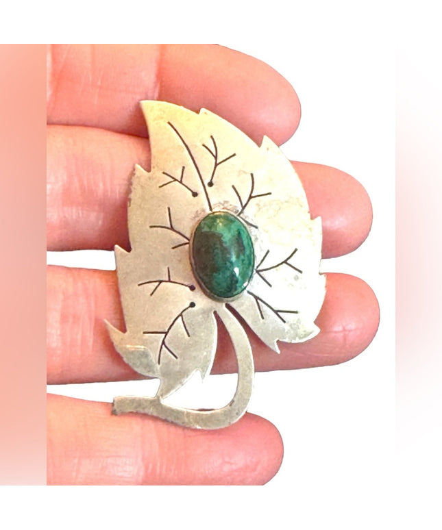Vintage Sterling silver 925 Israel EIlat Stone Leaf pendant brooch