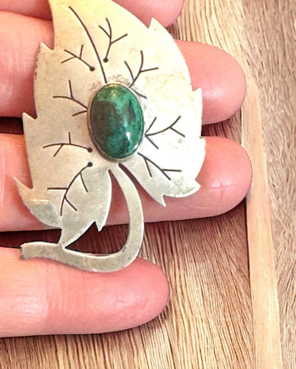 Vintage Sterling silver 925 Israel EIlat Stone Leaf pendant brooch