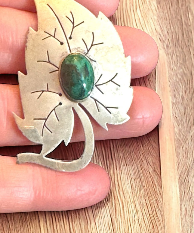 Vintage Sterling silver 925 Israel EIlat Stone Leaf pendant brooch