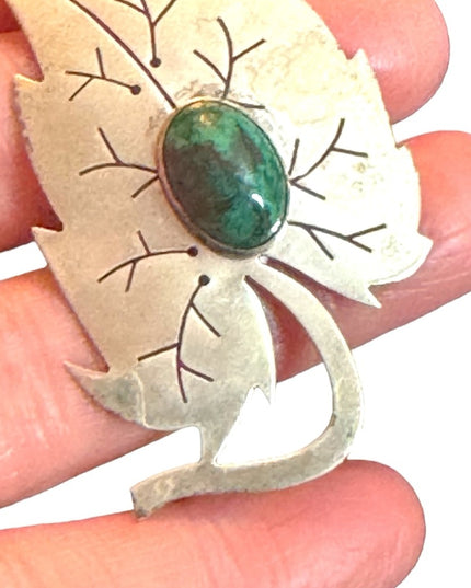 Vintage Sterling silver 925 Israel EIlat Stone Leaf pendant brooch