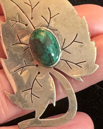 Vintage Sterling silver 925 Israel EIlat Stone Leaf pendant brooch