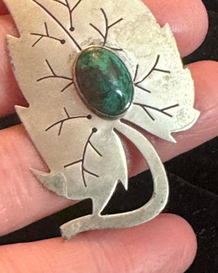 Vintage Sterling silver 925 Israel EIlat Stone Leaf pendant brooch