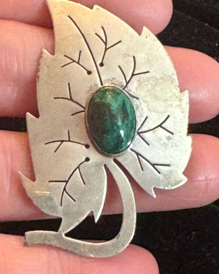 Vintage Sterling silver 925 Israel EIlat Stone Leaf pendant brooch