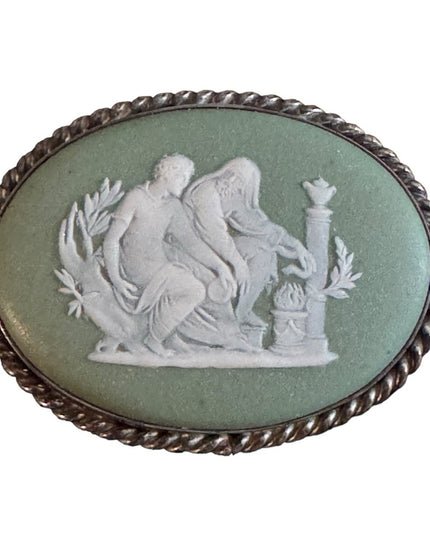 Vintage Sterling silver Green Jasper Wedgewood 925 Carved cameo brooch