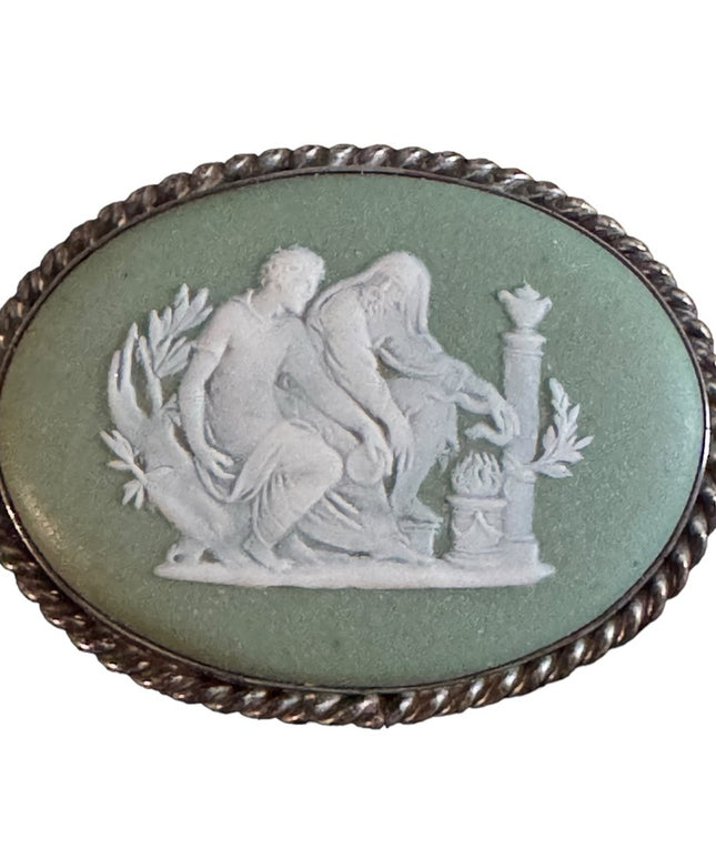 Vintage Sterling silver Green Jasper Wedgewood 925 Carved cameo brooch