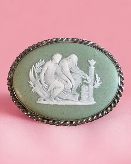 Vintage Sterling silver Green Jasper Wedgewood 925 Carved cameo brooch