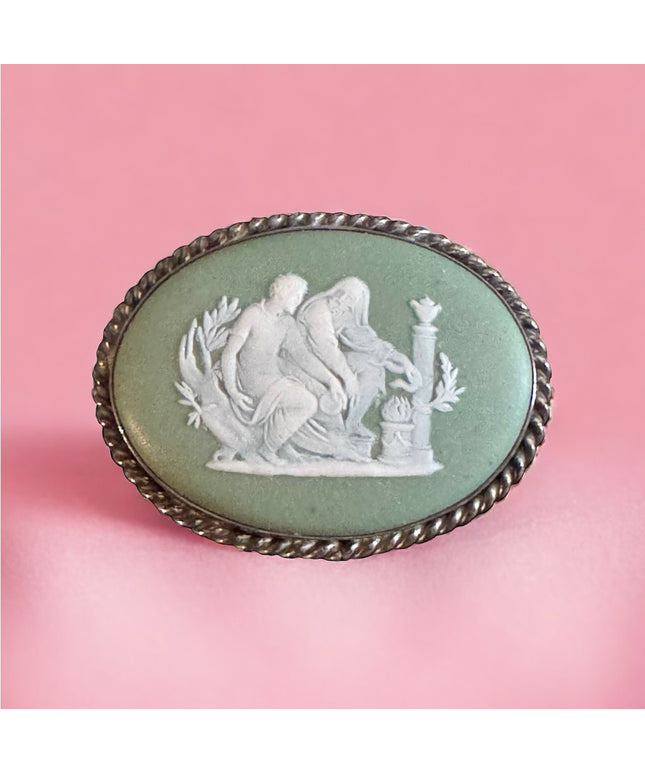 Vintage Sterling silver Green Jasper Wedgewood 925 Carved cameo brooch