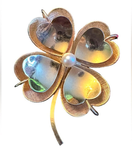 Vintage Boyd Bond Fancy 12k Gold filled sterling  925 4 leaf clover brooch pearl