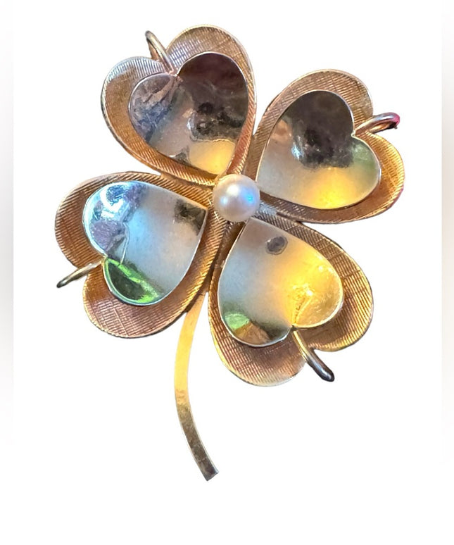 Vintage Boyd Bond Fancy 12k Gold filled sterling  925 4 leaf clover brooch pearl