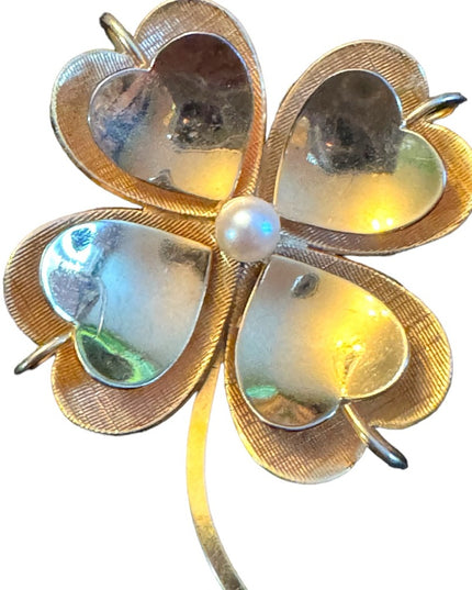 Vintage Boyd Bond Fancy 12k Gold filled sterling  925 4 leaf clover brooch pearl
