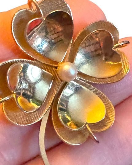 Vintage Boyd Bond Fancy 12k Gold filled sterling  925 4 leaf clover brooch pearl