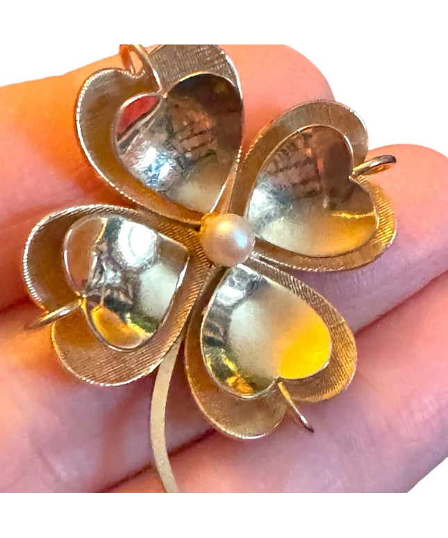 Vintage Boyd Bond Fancy 12k Gold filled sterling  925 4 leaf clover brooch pearl