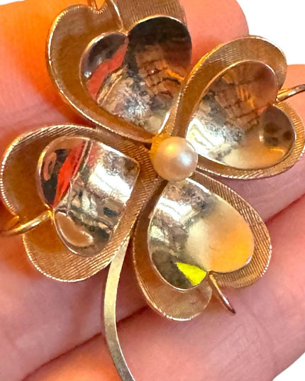 Vintage Boyd Bond Fancy 12k Gold filled sterling  925 4 leaf clover brooch pearl