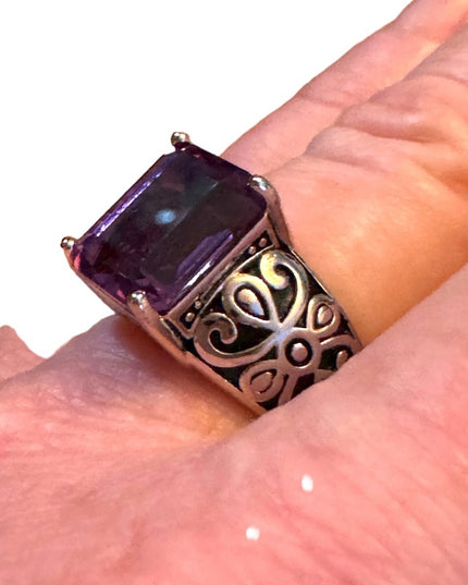 Stunning sterling 925 Amethyst high quality ornate scroll work design ring