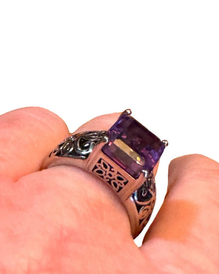 Stunning sterling 925 Amethyst high quality ornate scroll work design ring