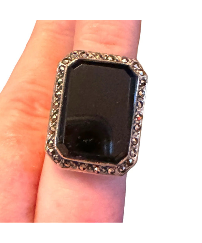 Vintage Sterling silver 925 Black Onyx art deco style marcasite statement ring