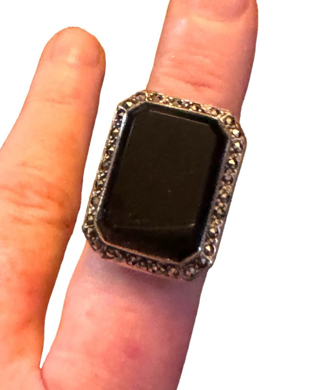 Vintage Sterling silver 925 Black Onyx art deco style marcasite statement ring