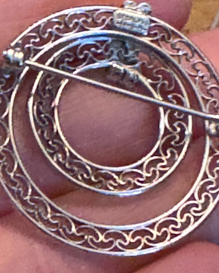 Vintage sterling silver HSB filagree fancy round brooch 925