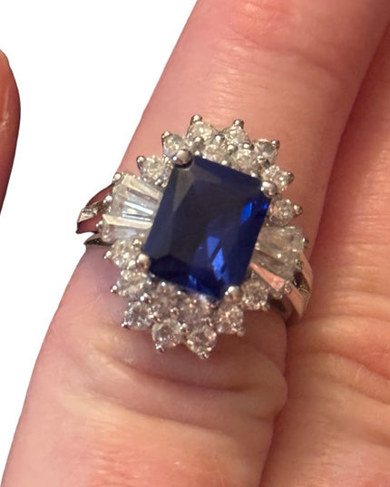 Sterling silver 925 Blue and clear CZ crystal fancy Ring