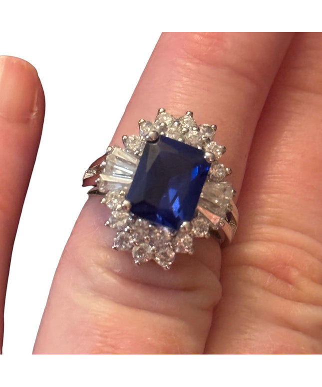 Sterling silver 925 Blue and clear CZ crystal fancy Ring