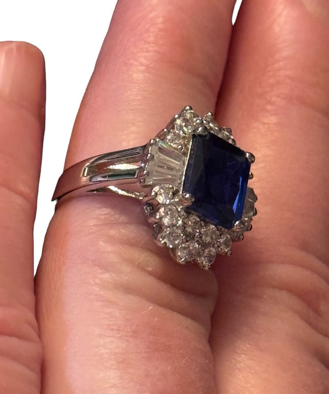 Sterling silver 925 Blue and clear CZ crystal fancy Ring