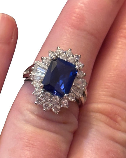Sterling silver 925 Blue and clear CZ crystal fancy Ring