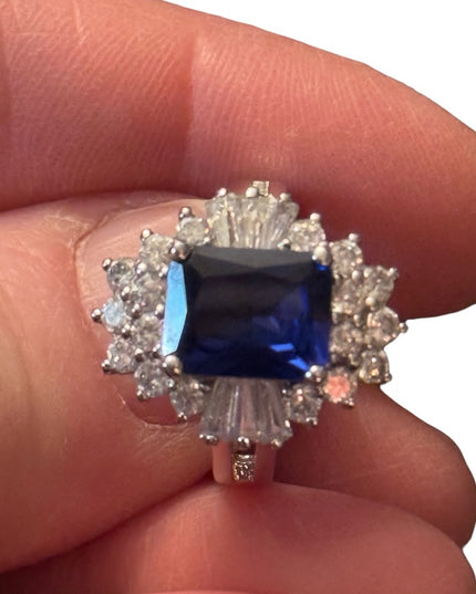 Sterling silver 925 Blue and clear CZ crystal fancy Ring