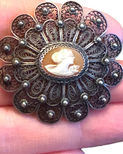 Vintage 1940s Filagree shell cameo fancy brooch 800 silver