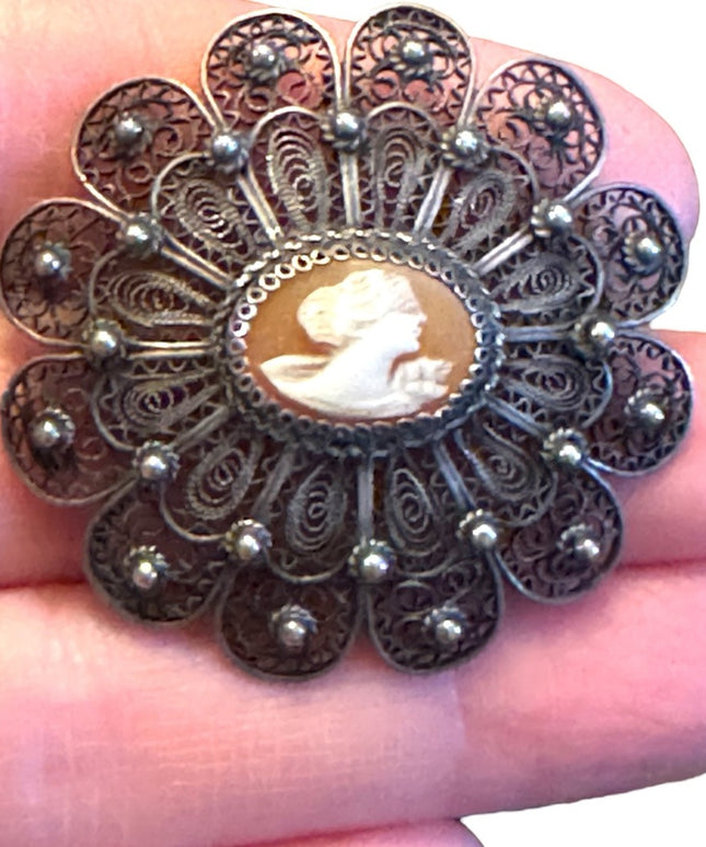 Vintage 1940s Filagree shell cameo fancy brooch 800 silver