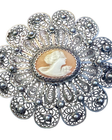 Vintage 1940s Filagree shell cameo fancy brooch 800 silver