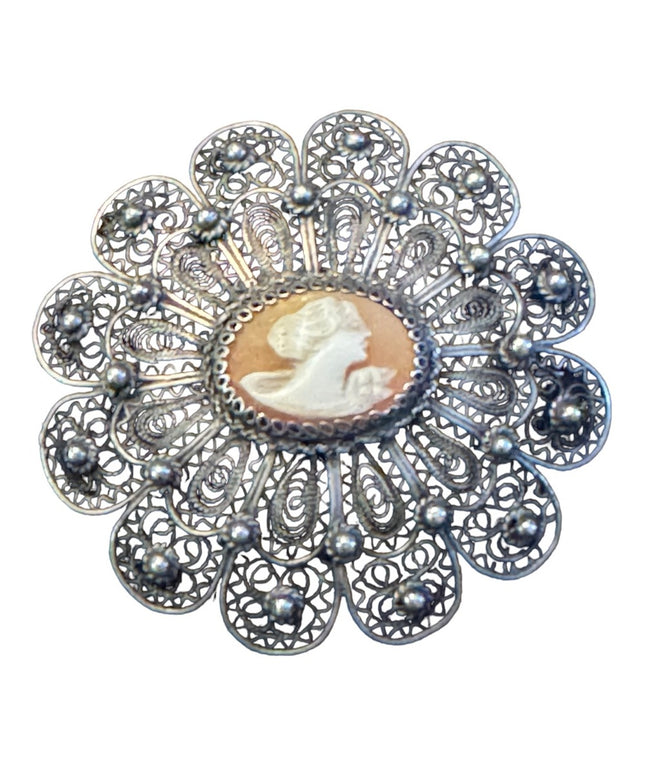Vintage 1940s Filagree shell cameo fancy brooch 800 silver
