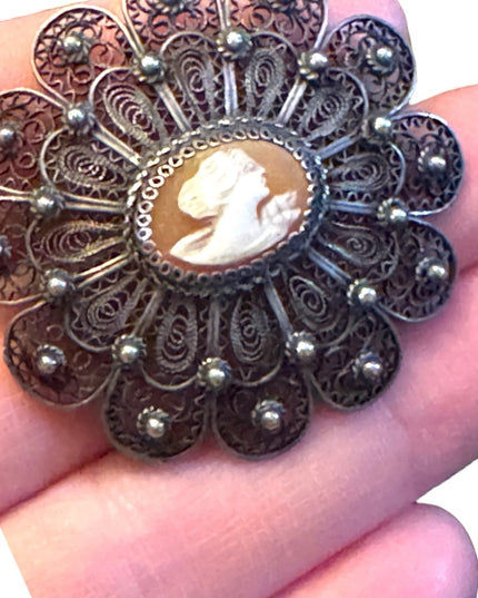 Vintage 1940s Filagree shell cameo fancy brooch 800 silver