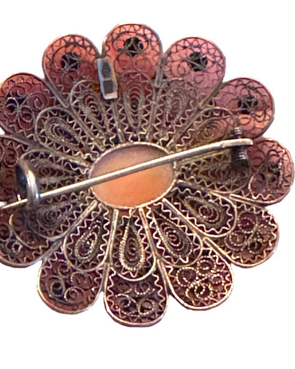 Vintage 1940s Filagree shell cameo fancy brooch 800 silver