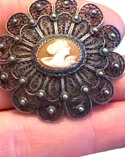 Vintage 1940s Filagree shell cameo fancy brooch 800 silver