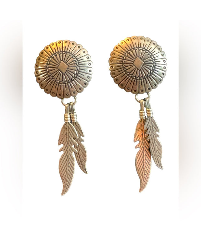 Vintage Native southwestern Sterling Silver 925 concho feather earrings TK