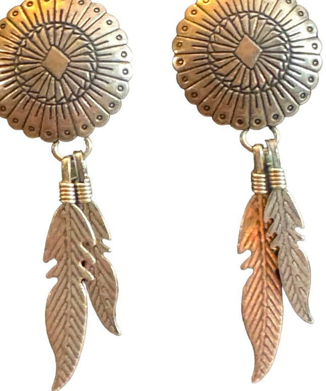 Vintage Native southwestern Sterling Silver 925 concho feather earrings TK