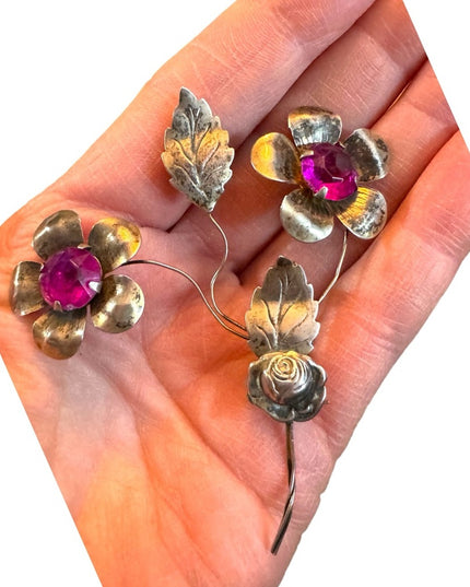 Vintage 1940s Sterling pink paste glass fancy flower large brooch