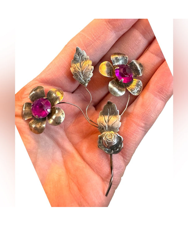 Vintage 1940s Sterling pink paste glass fancy flower large brooch