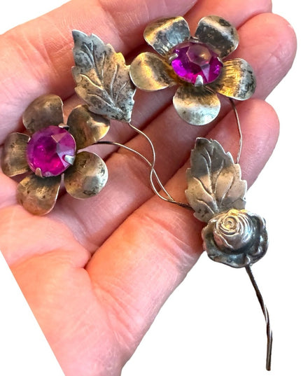 Vintage 1940s Sterling pink paste glass fancy flower large brooch