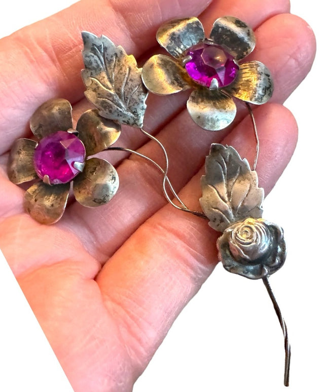 Vintage 1940s Sterling pink paste glass fancy flower large brooch