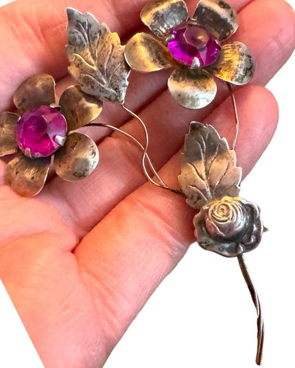 Vintage 1940s Sterling pink paste glass fancy flower large brooch