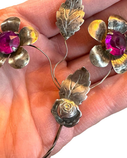 Vintage 1940s Sterling pink paste glass fancy flower large brooch